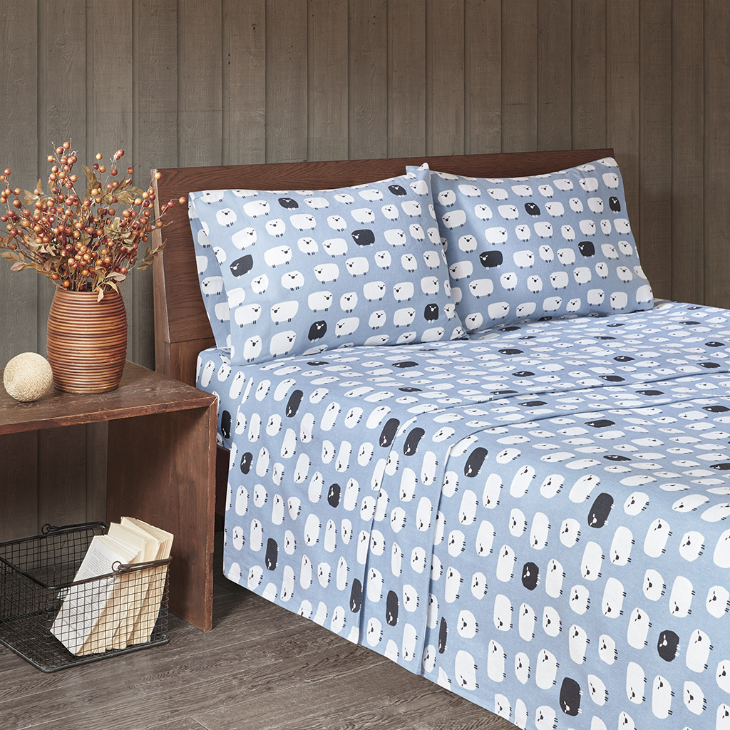 

Woolrich - Flannel Cotton Sheet Set - Blue Sheep - Queen
