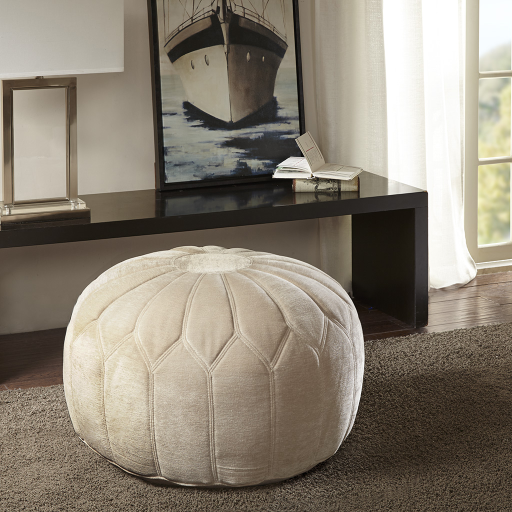 

Madison Park - Kelsey Round Pouf Ottoman - Ivory - See below