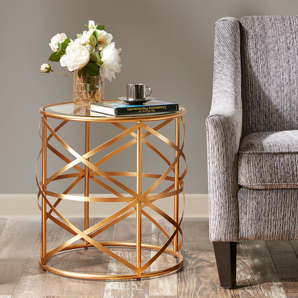 

Madison Park - Nora 20-inch Round End Table with Metallic Gold Metal Frame and Glass Top - Gold - See below