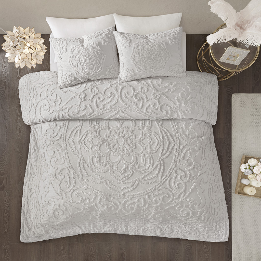 

Madison Park - Laetitia 3-Piece Tufted Cotton Chenille Medallion Duvet Cover Set - Grey - King/Cal King