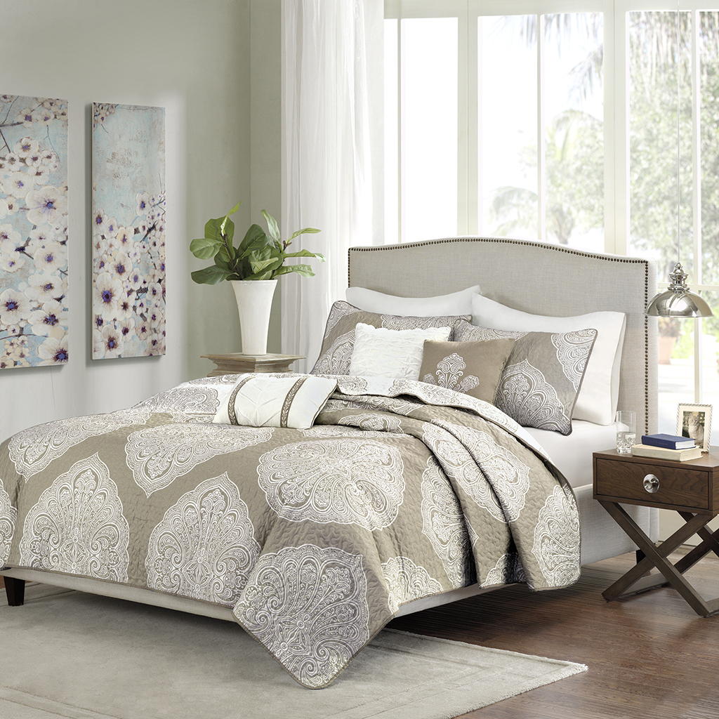 

Madison Park - Rachel 6 Piece Reversible Quilted Coverlet Set - Taupe - King/Cal King