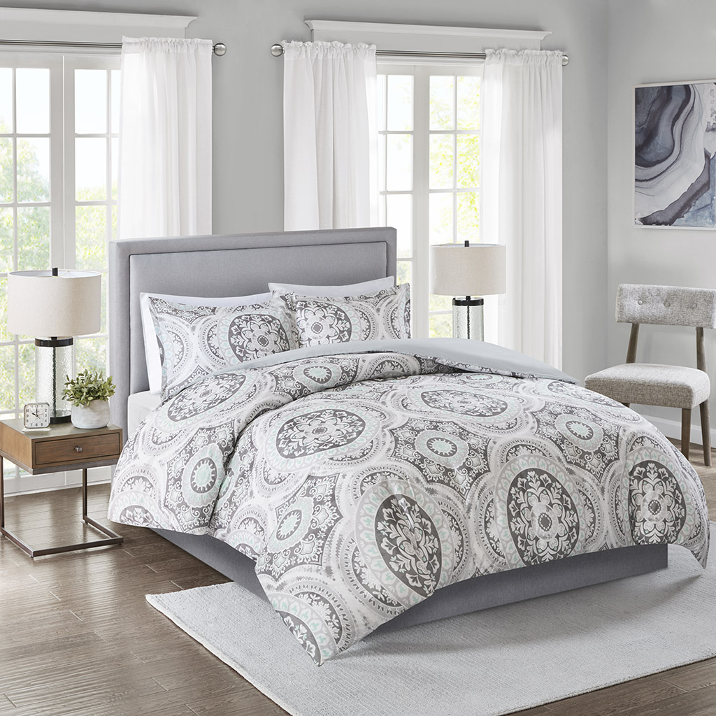 

Madison Park - June 3-Piece Cotton Medallion Print Duvet Cover Set - Grey - Full/Queen