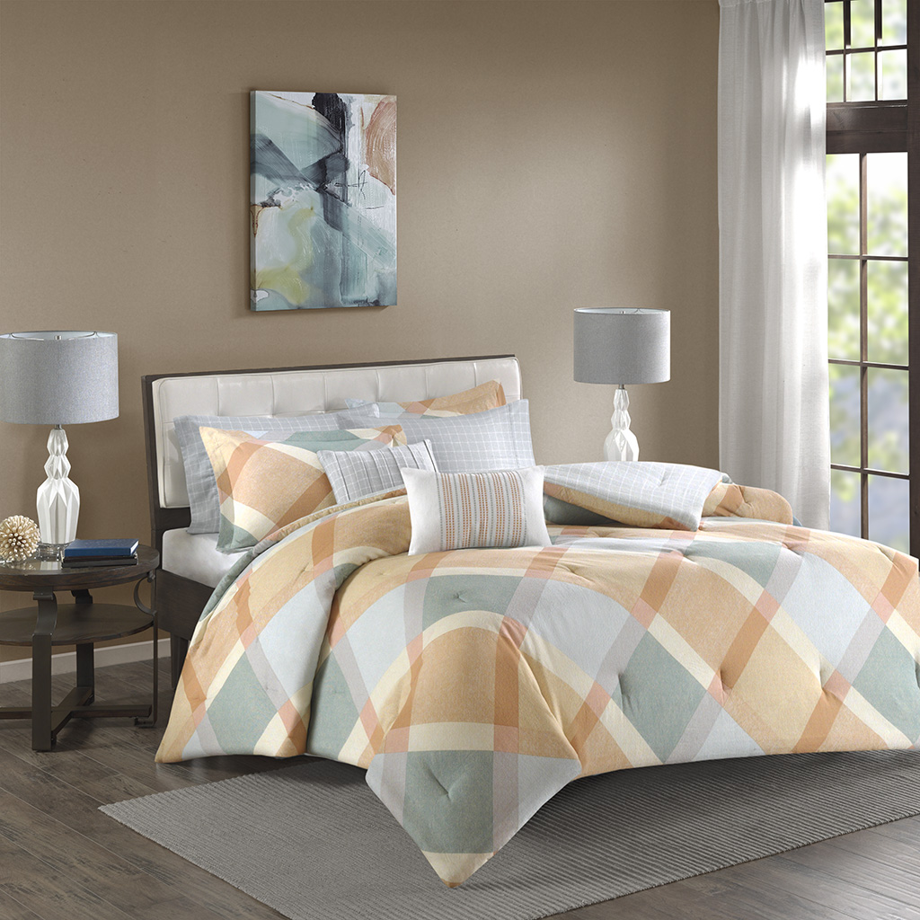 

Madison Park - Drew Cotton Flannel Comforter Set - Orange - Twin