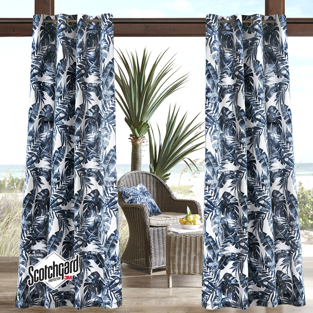 

Madison Park - Everett Printed Palm 3M Scotchgard Outdoor Panel - Indigo/White - 54x95