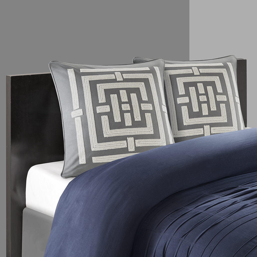 

N Natori - Nara Embroidered Cotton Euro Shams - Grey - 26x26