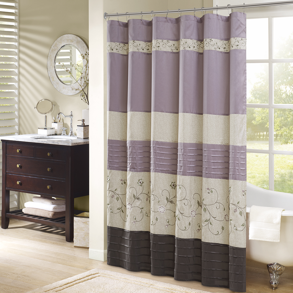 

Madison Park - Serene Faux Silk Embroidered Floral Shower Curtain - Purple - 72x72