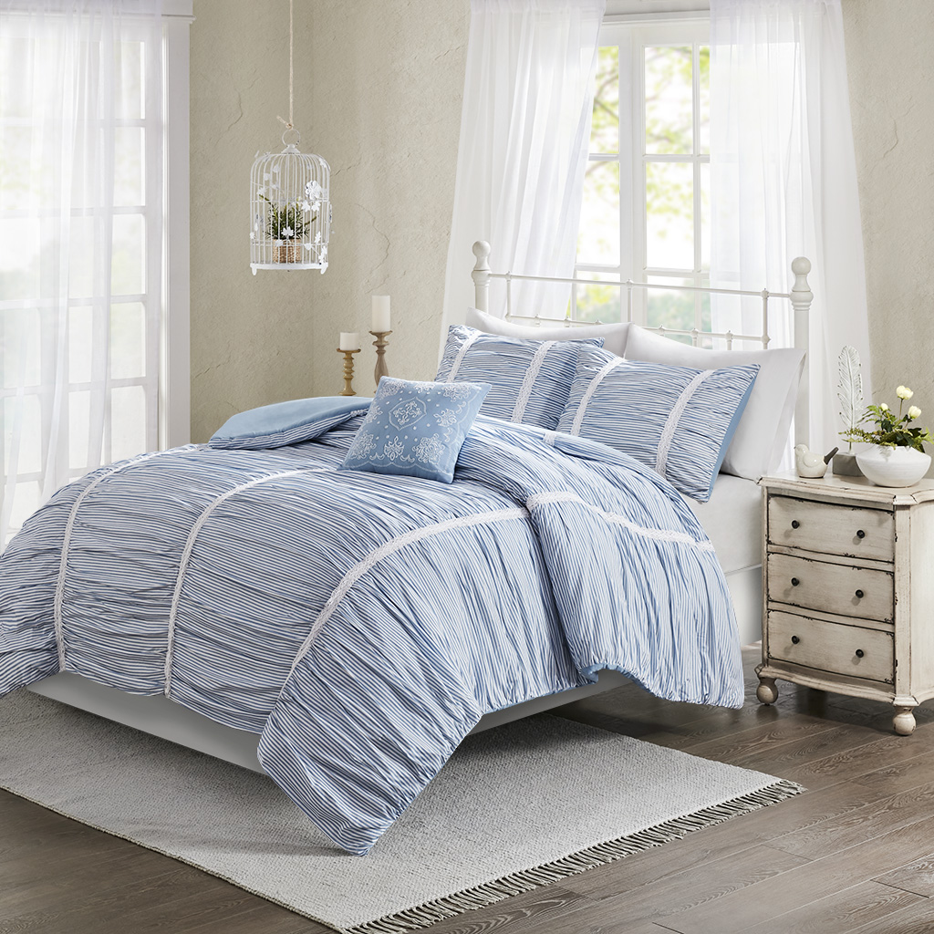 

Madison Park - Ana 4 Piece Ruched Cotton Duvet Cover Set - Blue - Full/Queen