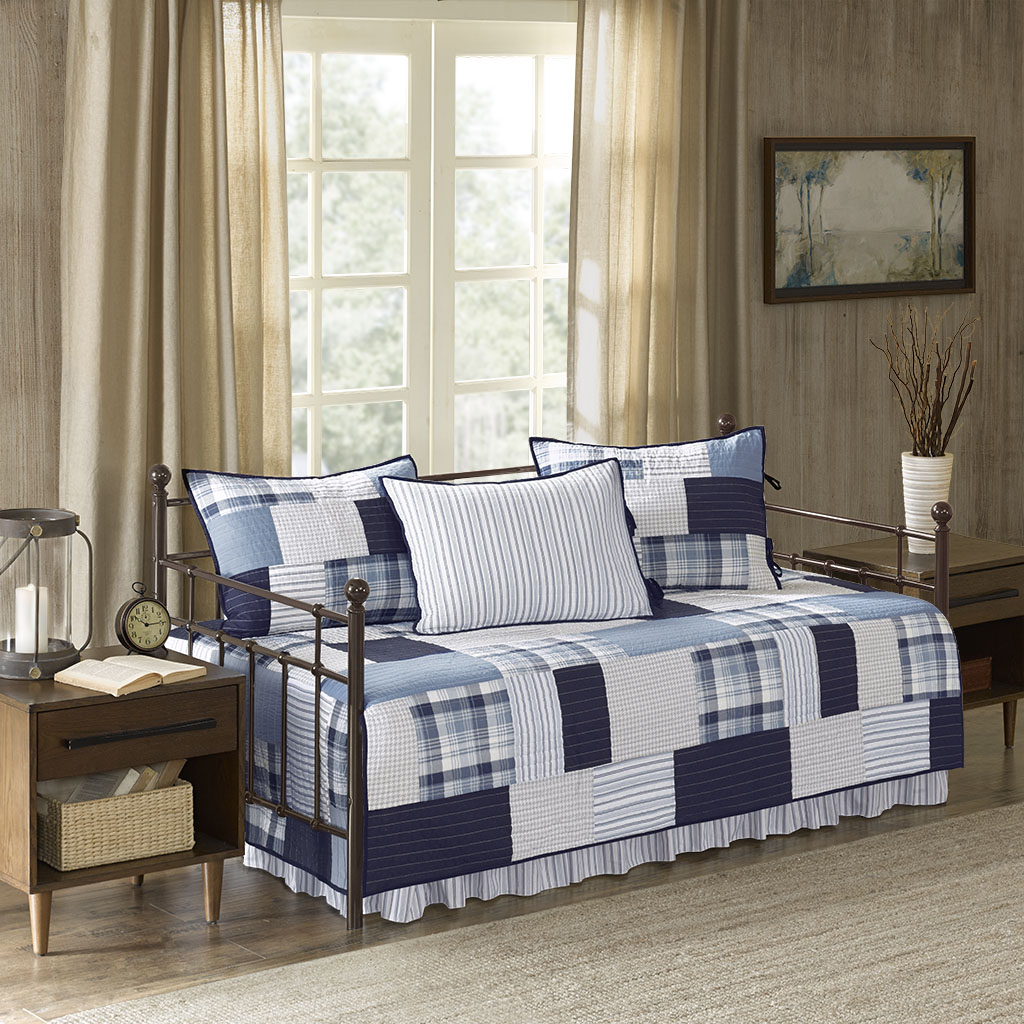 

Woolrich - Riverview 5 Piece Cotton Percale Reversible Day Bed Cover Set - Blue - Daybed