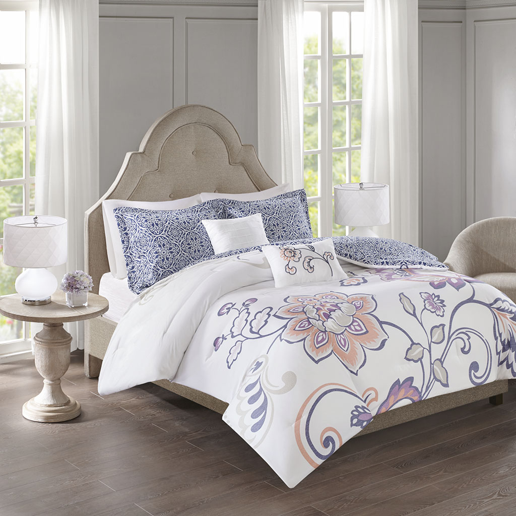 

510 Design - Elizabeth 5 Piece Reversible Print Comforter Set - Indigo - Full/Queen