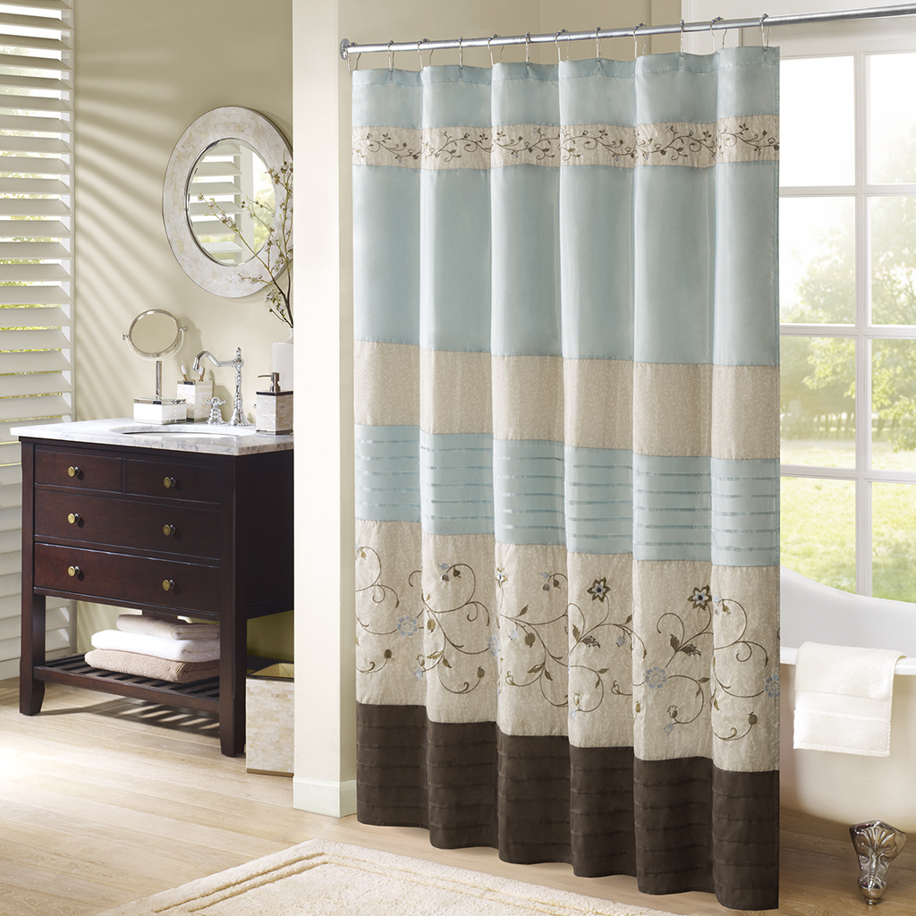 

Madison Park - Serene Faux Silk Embroidered Floral Shower Curtain - Blue - 72x72