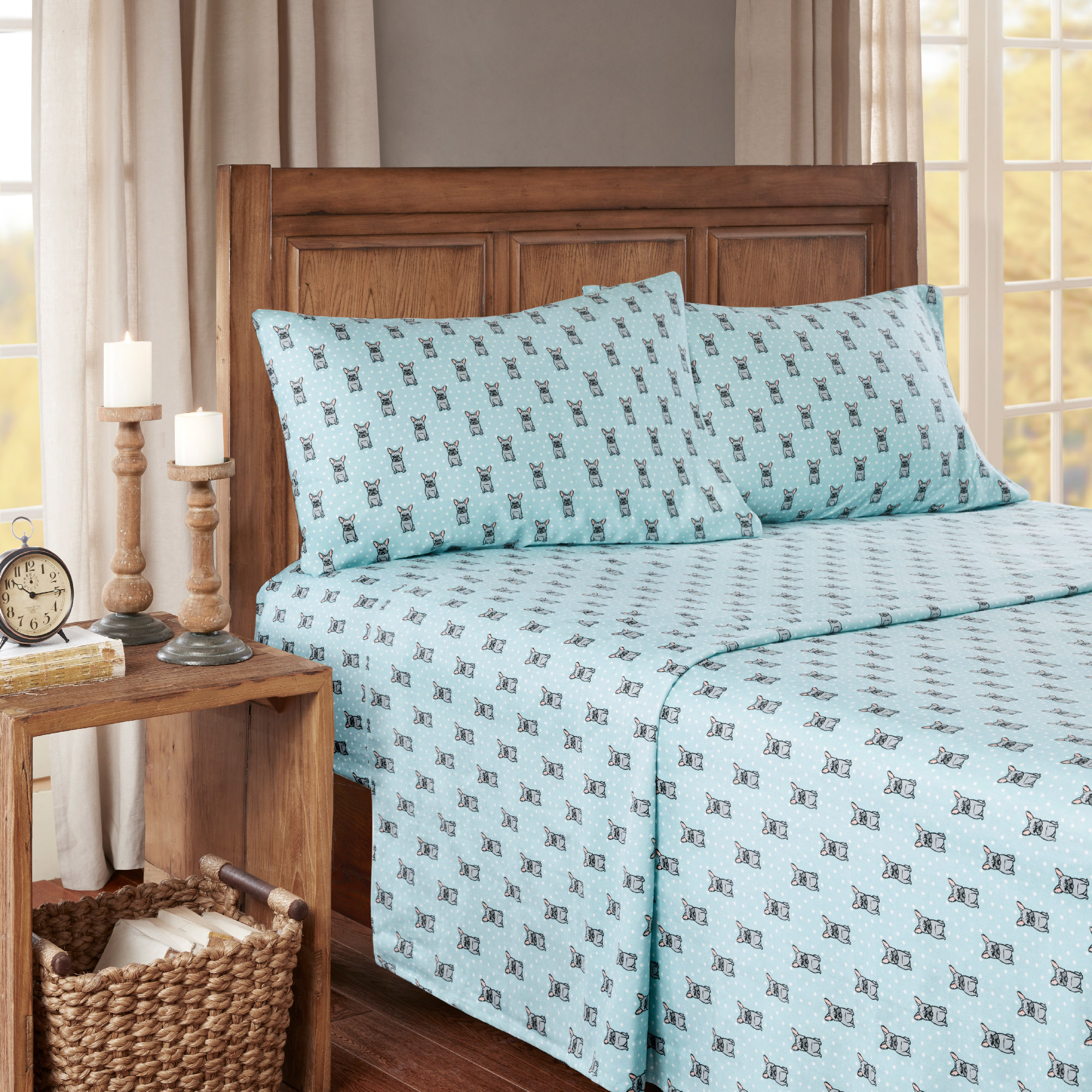 

True North by Sleep Philosophy - Cozy Flannel 100% Cotton Flannel Printed Sheet Set - Aqua French Bulldog - Twin