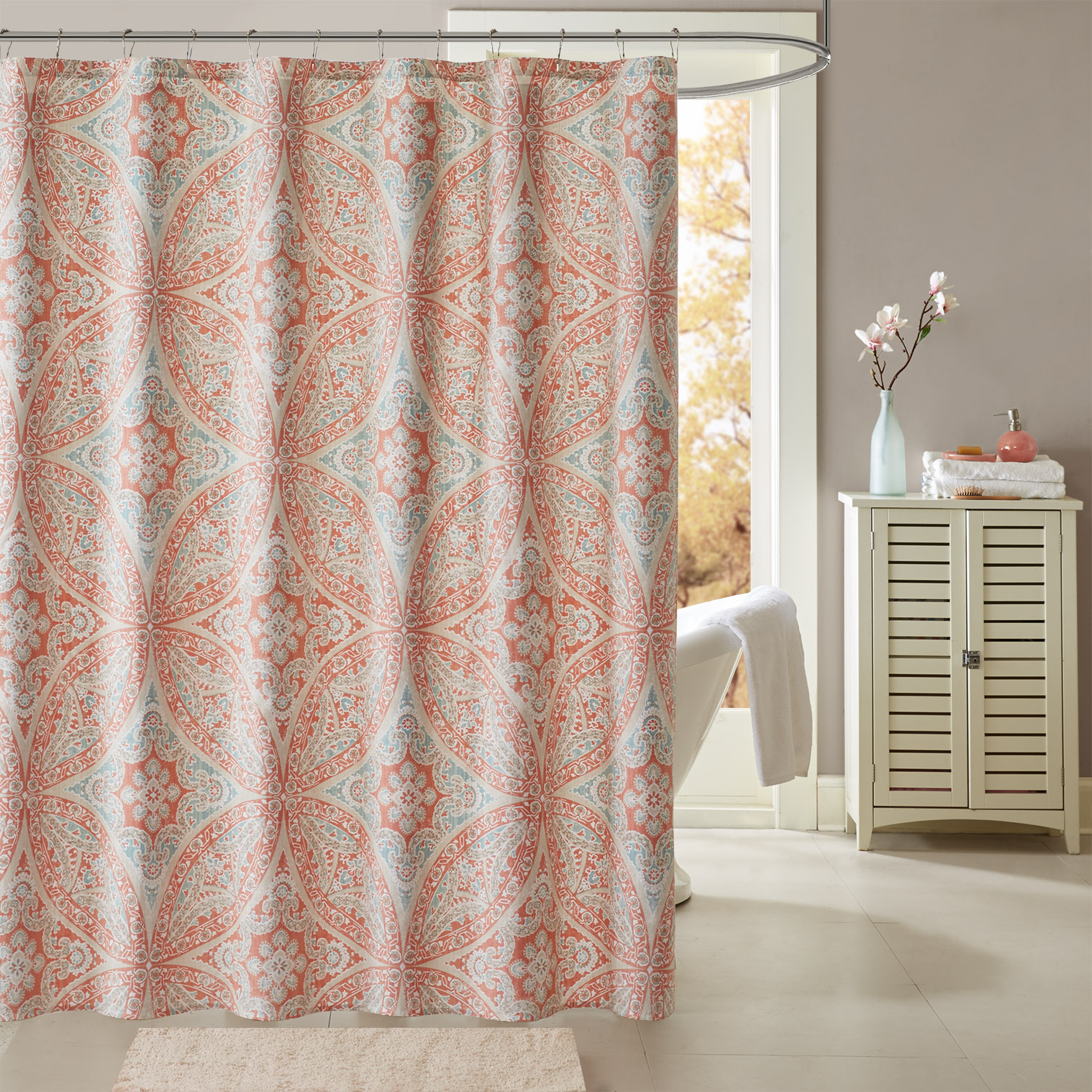 

Madison Park - Grace Printed Shower Curtain - Coral - 72x72