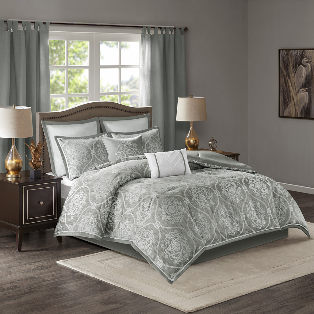 

Madison Park - Dora 8 Piece Jacquard Comforter Set - Silver - Queen