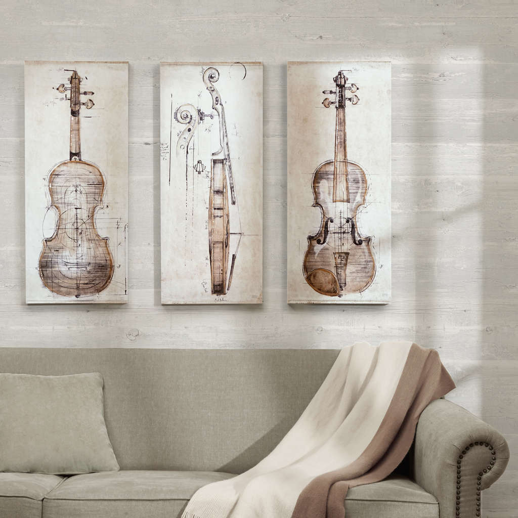 

Madison Park - Violin Study set Printed Canvas With Hand Embellishment 3 Piece Set - Offwhite - See below
