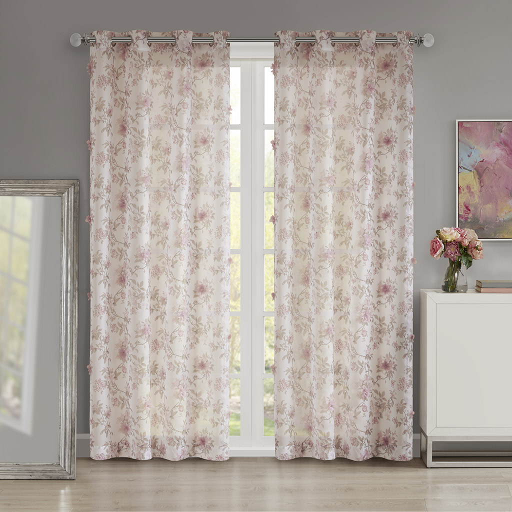 

Madison Park - Idalia Floral Printed and 3D Embellished Window Sheer - Blush - 50x84