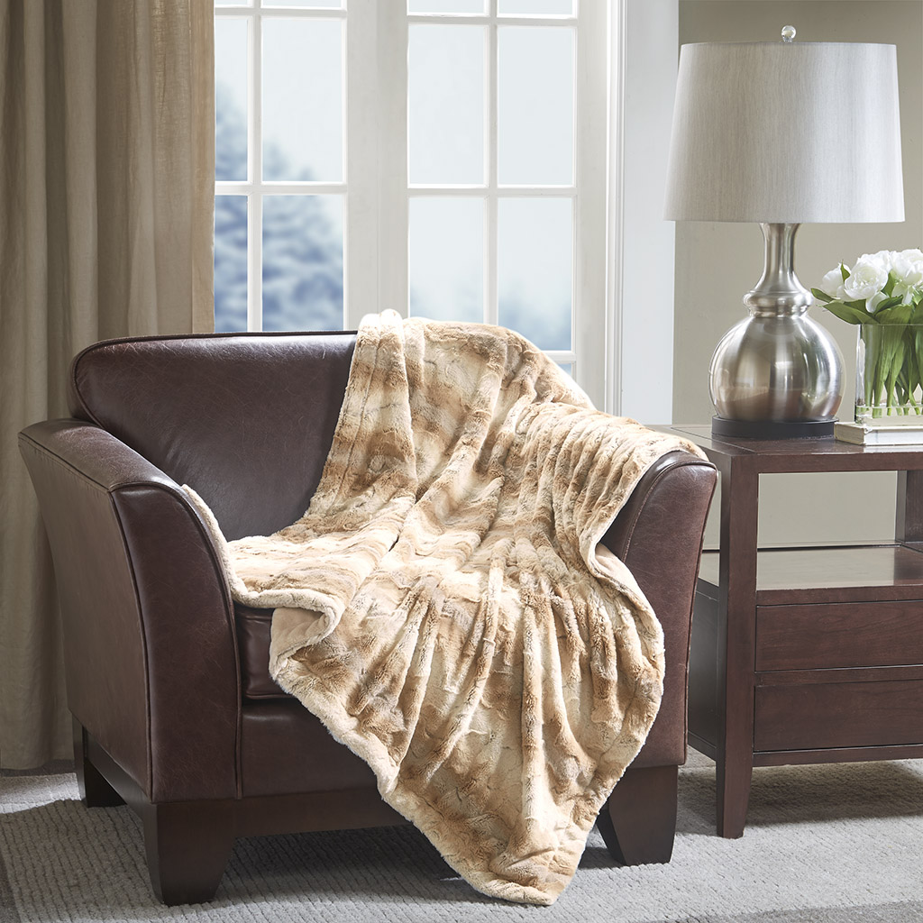 

Premier Comfort - Faux Long Fur to Microlight Throw - Tan - 50x60