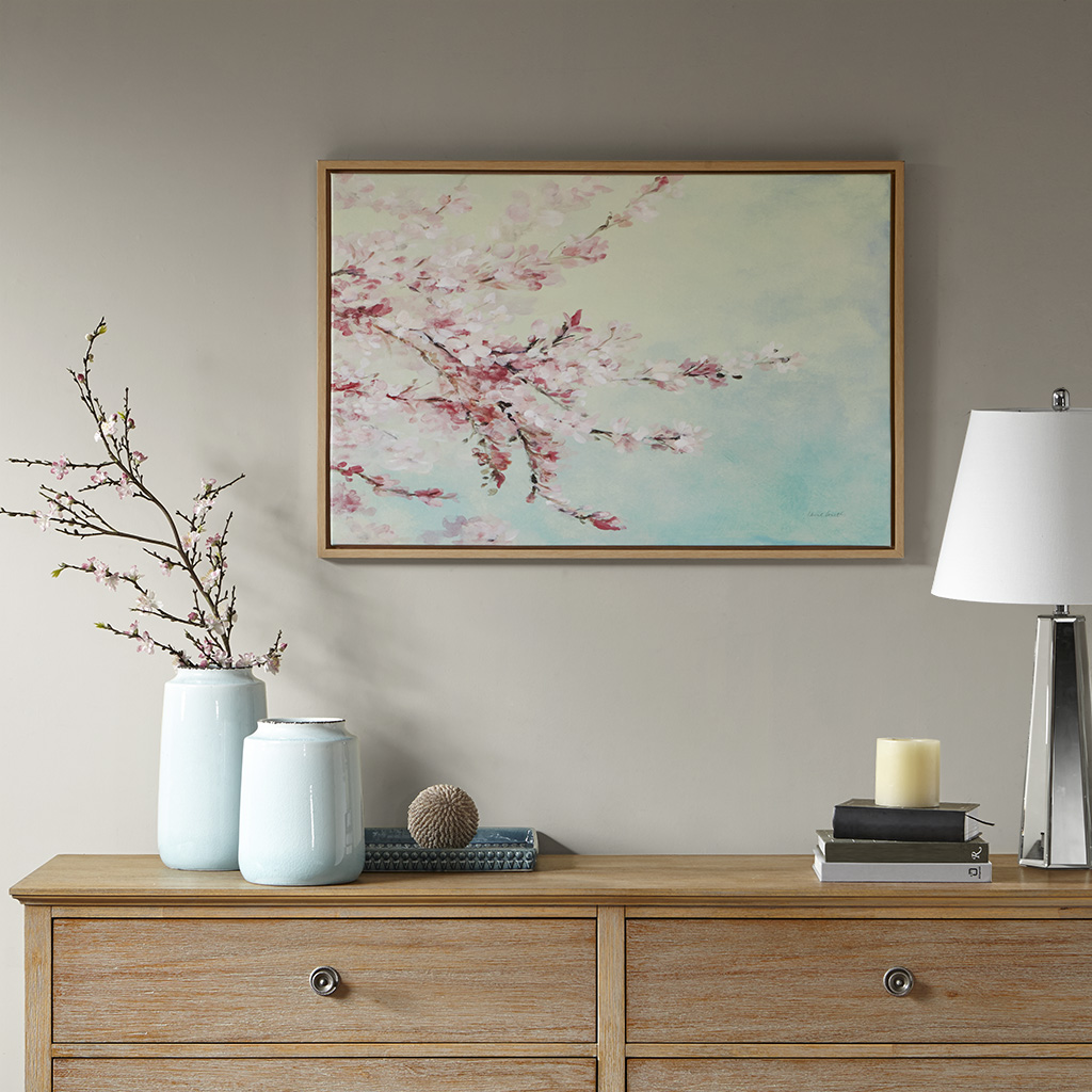 

Madison Park - Cherry Blossom Bloom Framed Canvas with Gel Coat - Blue/Pink - See below