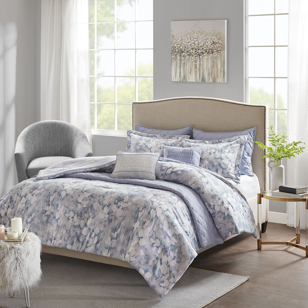 

Madison Park - Erica 8 Piece Printed Seersucker Comforter and Coverlet Set Collection - Blue - King/Cal King