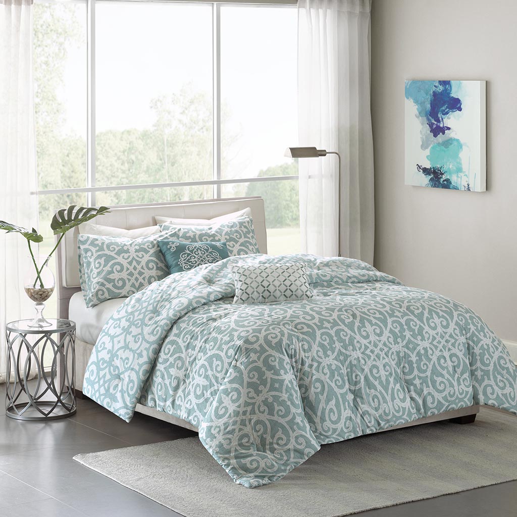 

Madison Park Pure - Elena 5 Piece Cotton Percale Reversible Comforter Set - Aqua - King/Cal King