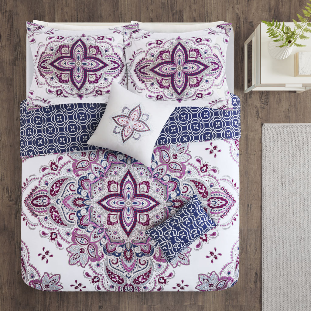 

510 Design - Amari 5 Piece Reversible Print Duvet Set - Indigo/Purple - Full/Queen