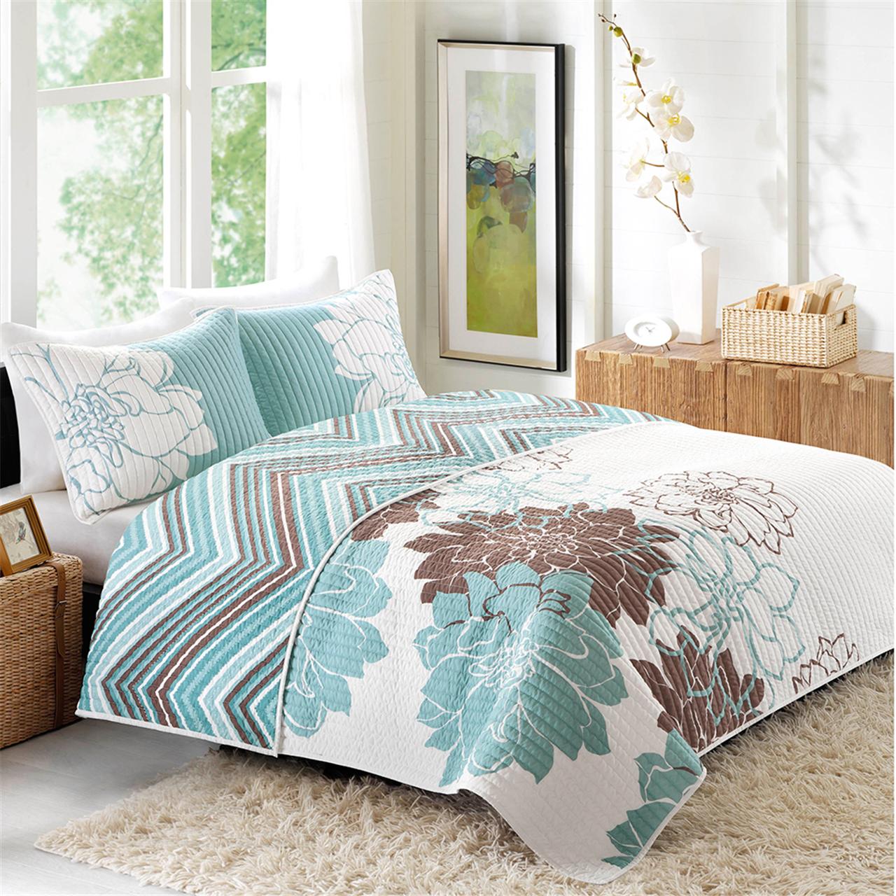 

Madison Park - BHG Print Quilt Blue/Brown Floral Quilted Coverlet - Blue - King