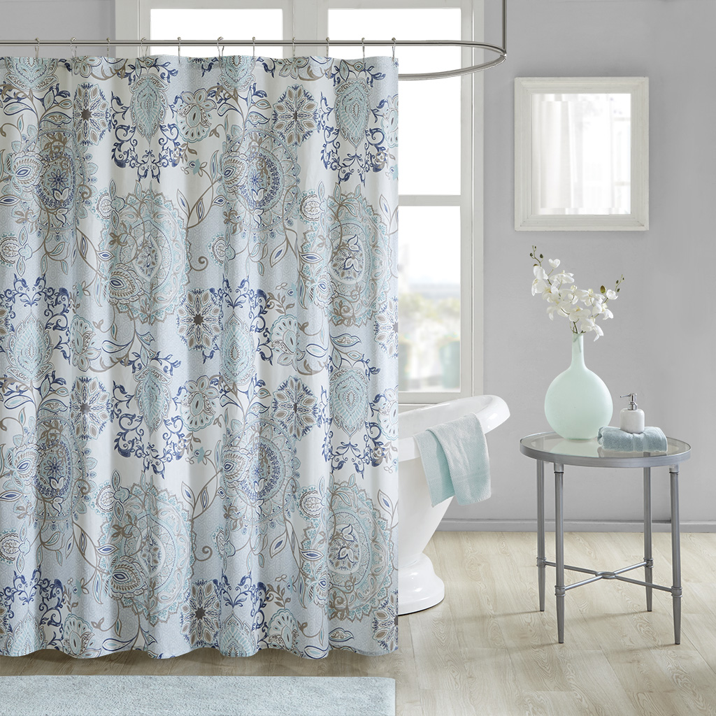 

Madison Park - Isla Cotton Printed Shower Curtain - Blue - 72x72