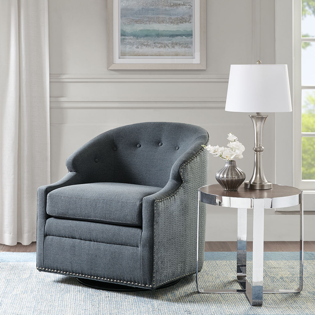 

Madison Park - Abbey Swivel Glider Chair with Pewter Nailheads - Blue - See below