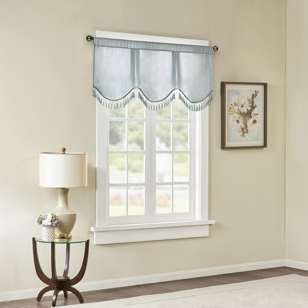 

Madison Park - Evelyn Faux Silk Scallop Embellished Valance - Dusty Aqua - 50x21