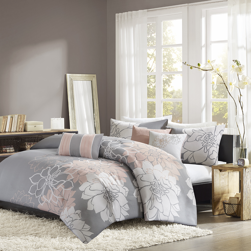 

Madison Park - Lola 6 Piece Printed Duvet Cover Set - Grey/Blush - Full/Queen