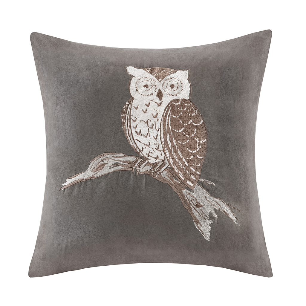 

Madison Park - Owl Embroidered Suede Square Pillow Square Pillow - Grey - 20x20
