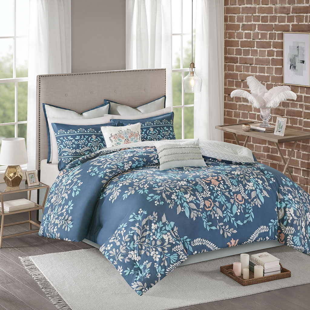 

Madison Park - Eden 8 Piece Cotton Printed Reversible Comforter Set - Navy - King