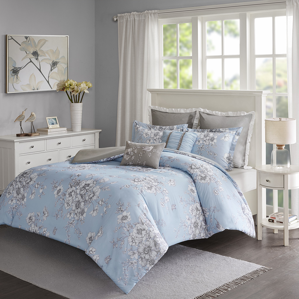 

Madison Park - Diana 7 Piece Cotton Printed Duvet Cover Set - Blue - Full/Queen