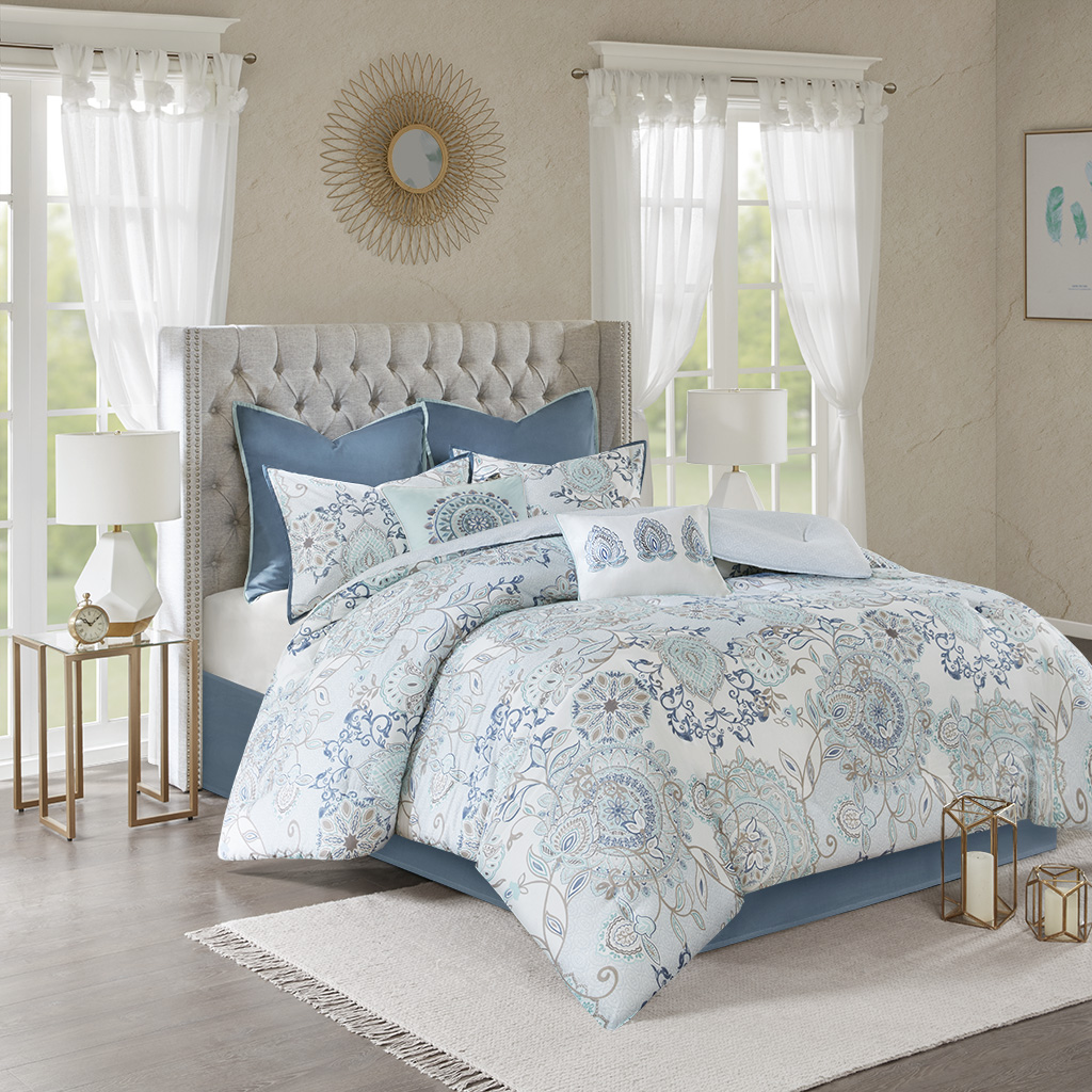 

Madison Park - Isla 8 Piece Cotton Printed Reversible Comforter Set - Blue - King