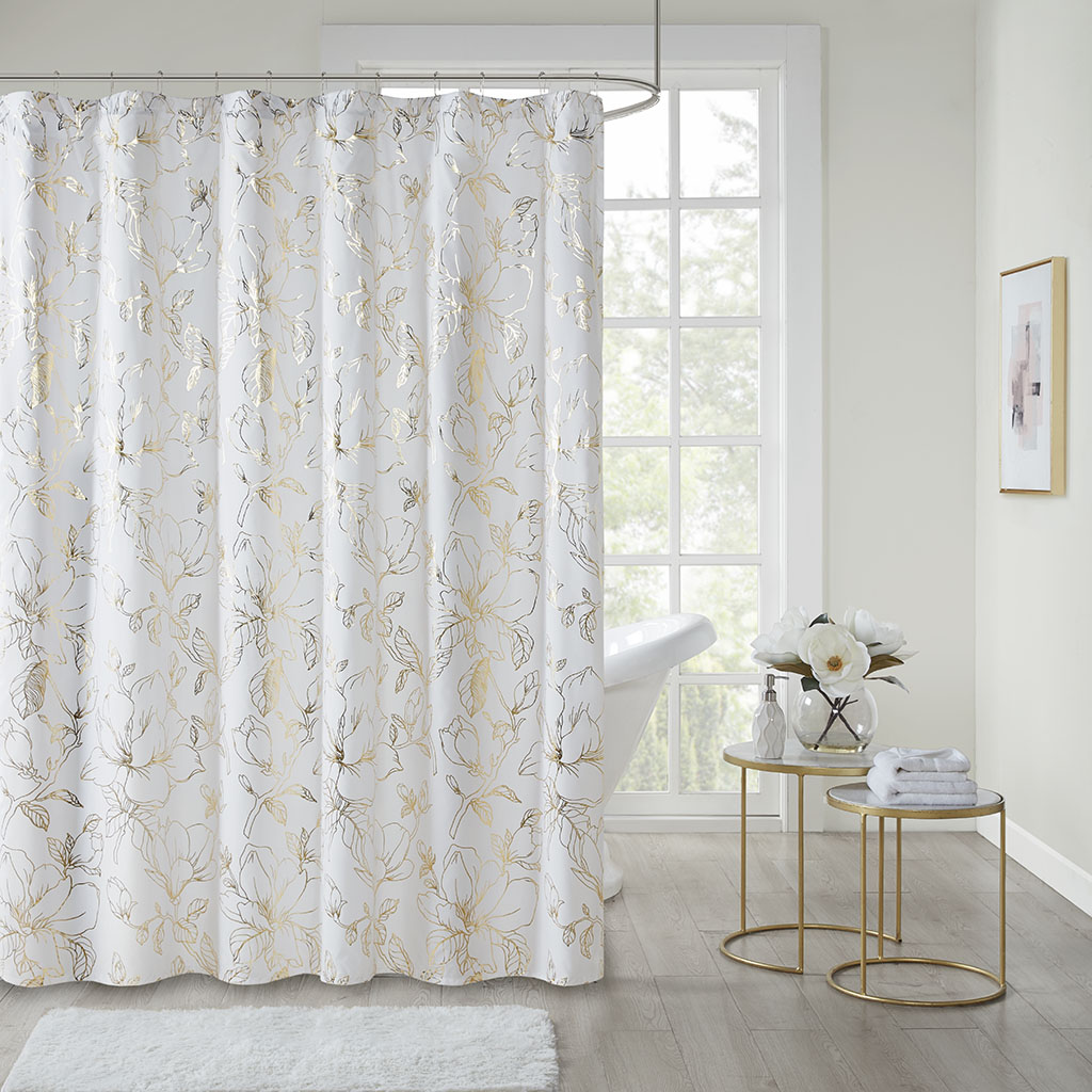 

Intelligent Design - Intelligent Design Magnolia Printed Floral Metallic Shower Curtain - Gold - 72x72