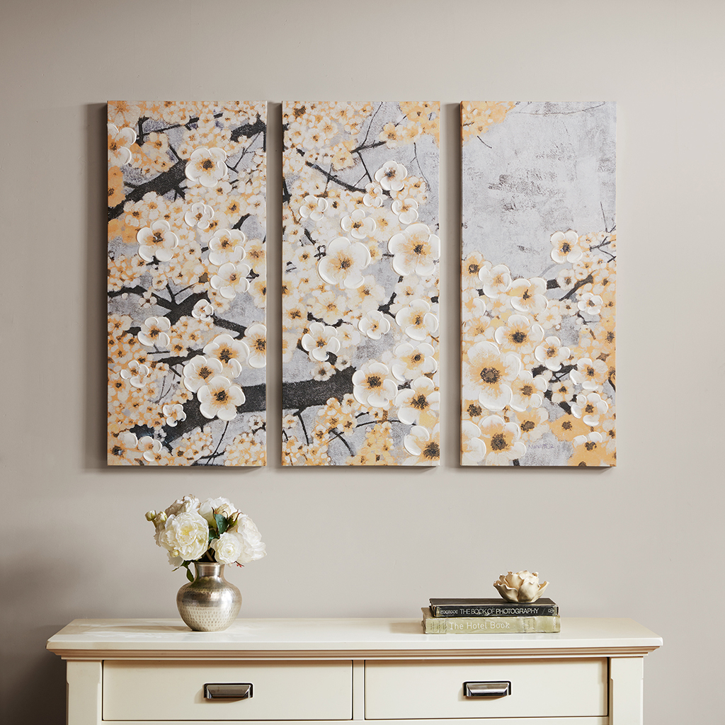 

Madison Park - Gleeful Blossoms Yellow Hand Embellished Printed Canvas 3 Piece Set - Yellow - See below