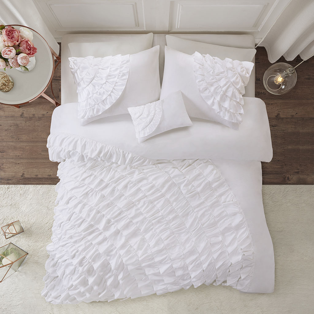 

Madison Park - Octavia 4 Piece Ruffled Duvet Cover Set - White - Full/Queen