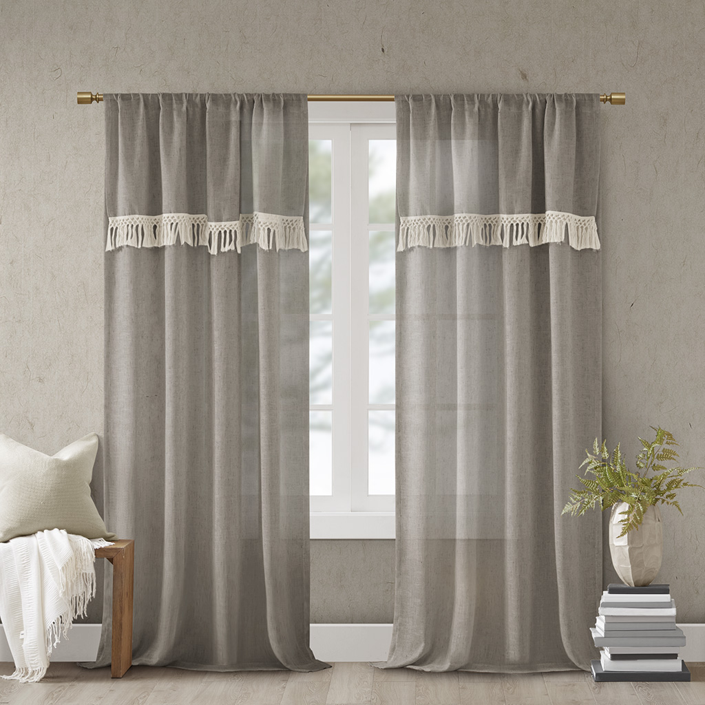 

Madison Park - Brynn Faux Linen Rod Pocket Window Curtain With Attached Tassel Trim Valance - Taupe - 50x95