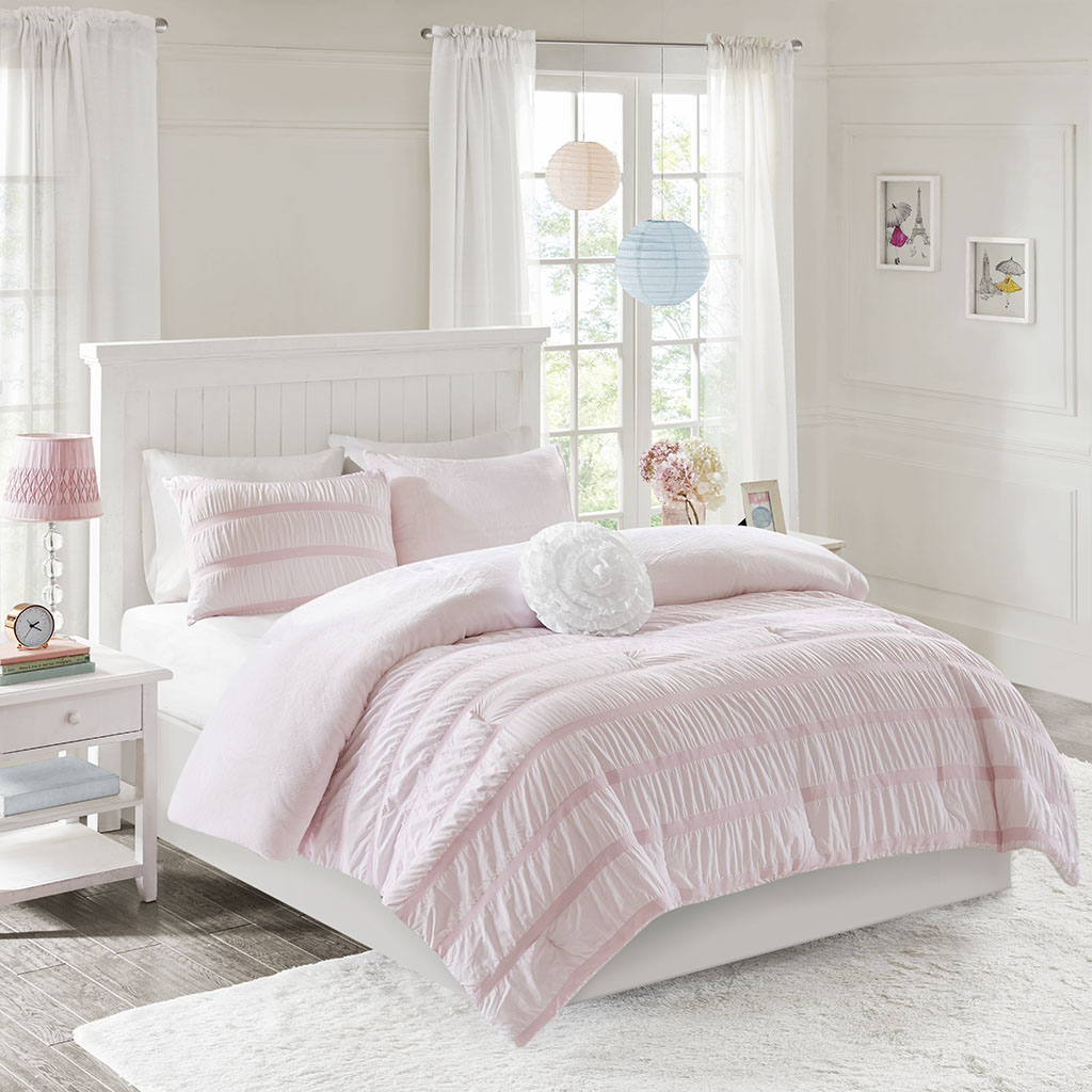 

Mi Zone - Bella Reversible Ruched Seersucker to Plush Comforter Set - Pink - Twin/Twin XL