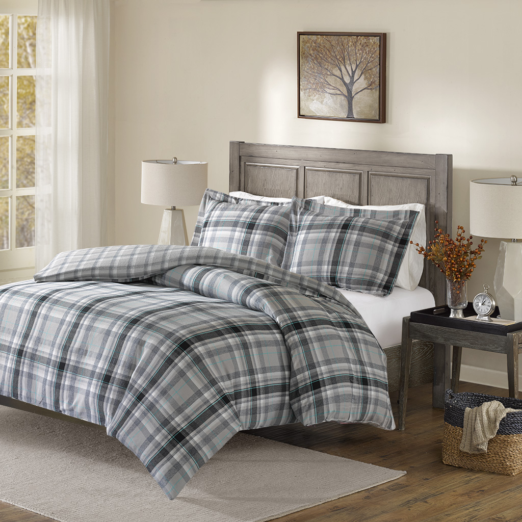 

Madison Park - Orion Cotton Yarn Dyed Flannel Reversible Duvet Cover Set - Black/Teal - King