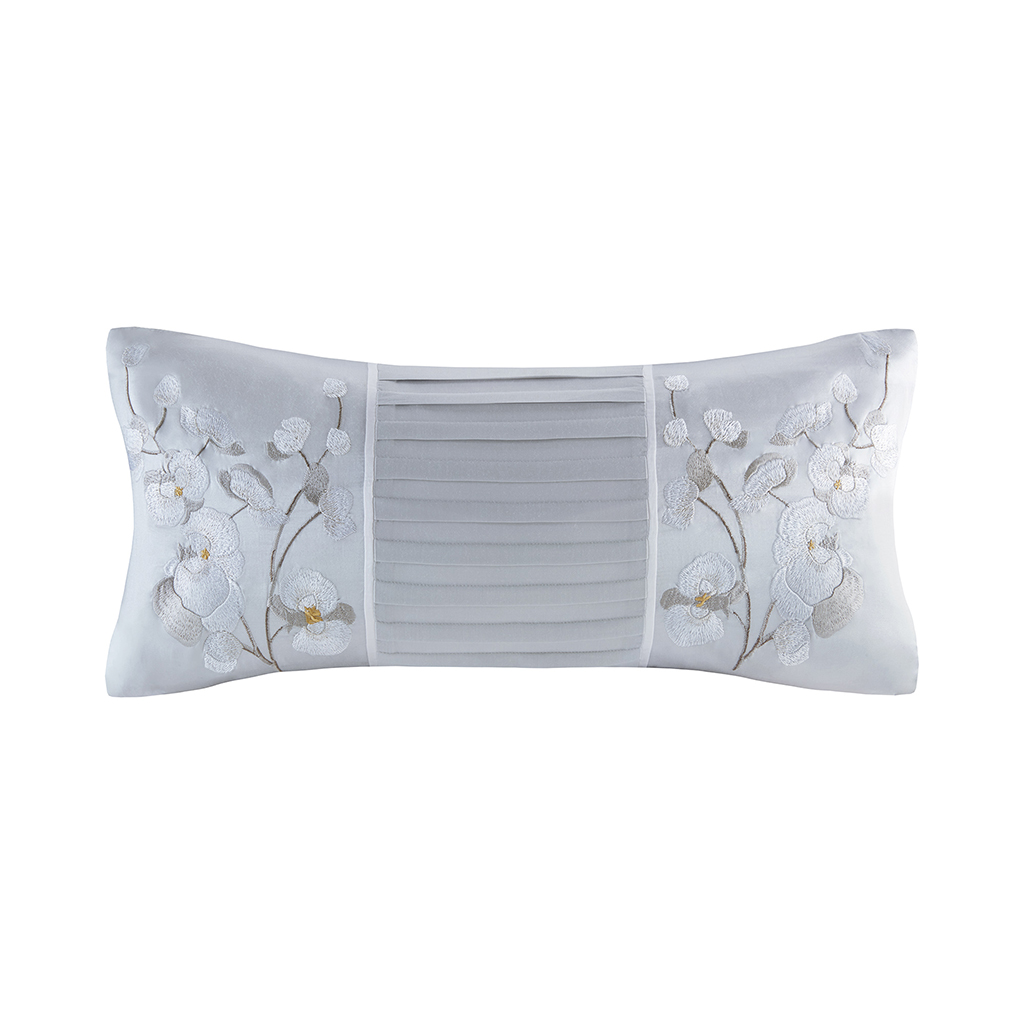 

Natori - White Orchid Silk/Cotton Embroidery Oblong Pillow - Grey - 10x22