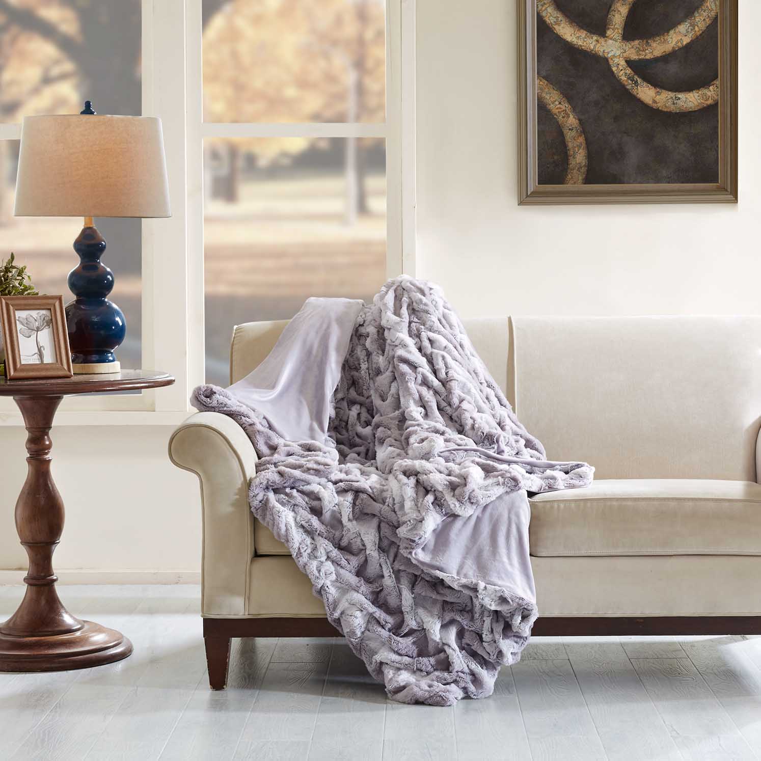

Hampton Hill - Ruched Faux Tip Dyed Fur Oversized Throw - Grey - 96x80